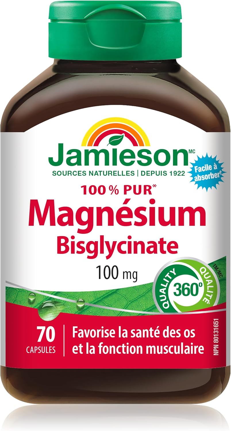 Jamieson 100% 純雙甘氨酸鎂 100 毫克膠囊,非混合,不含氧化鎂,支持骨骼發育和肌肉功能,電解質來源,易於吸收,素食,非轉基因,無麩質,70 粒