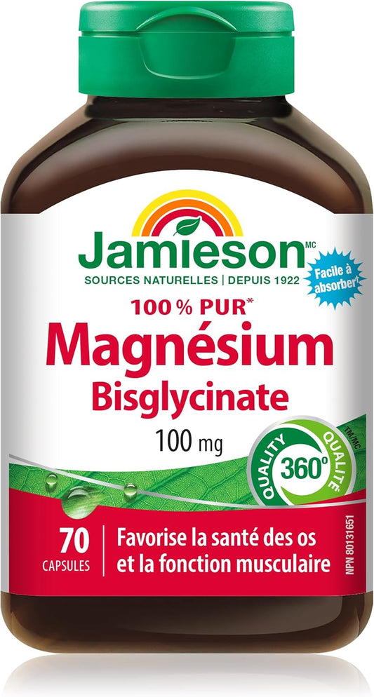Jamieson 100% 純雙甘氨酸鎂 100 毫克膠囊,非混合,不含氧化鎂,支持骨骼發育和肌肉功能,電解質來源,易於吸收,素食,非轉基因,無麩質,70 粒