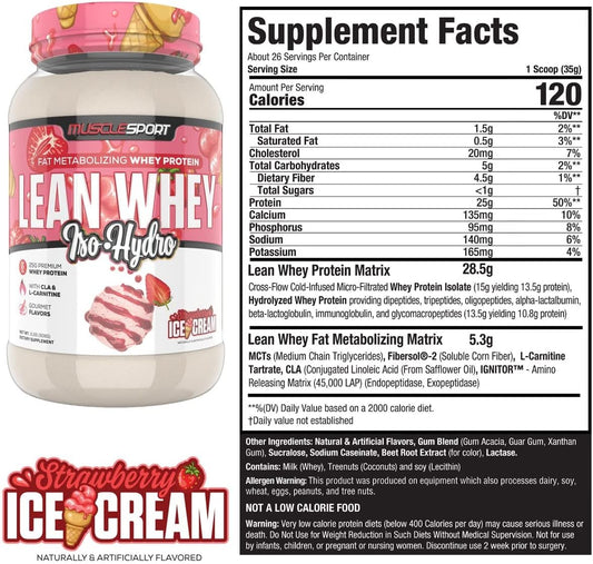 MuscleSport Lean Whey Protein Powder - Whey Protein Isolate - Low Calorie, Low Carb, Low Fat, Incredible Flavors - 25g Protein per Scoop - 2lb Strawberry Ice Cream