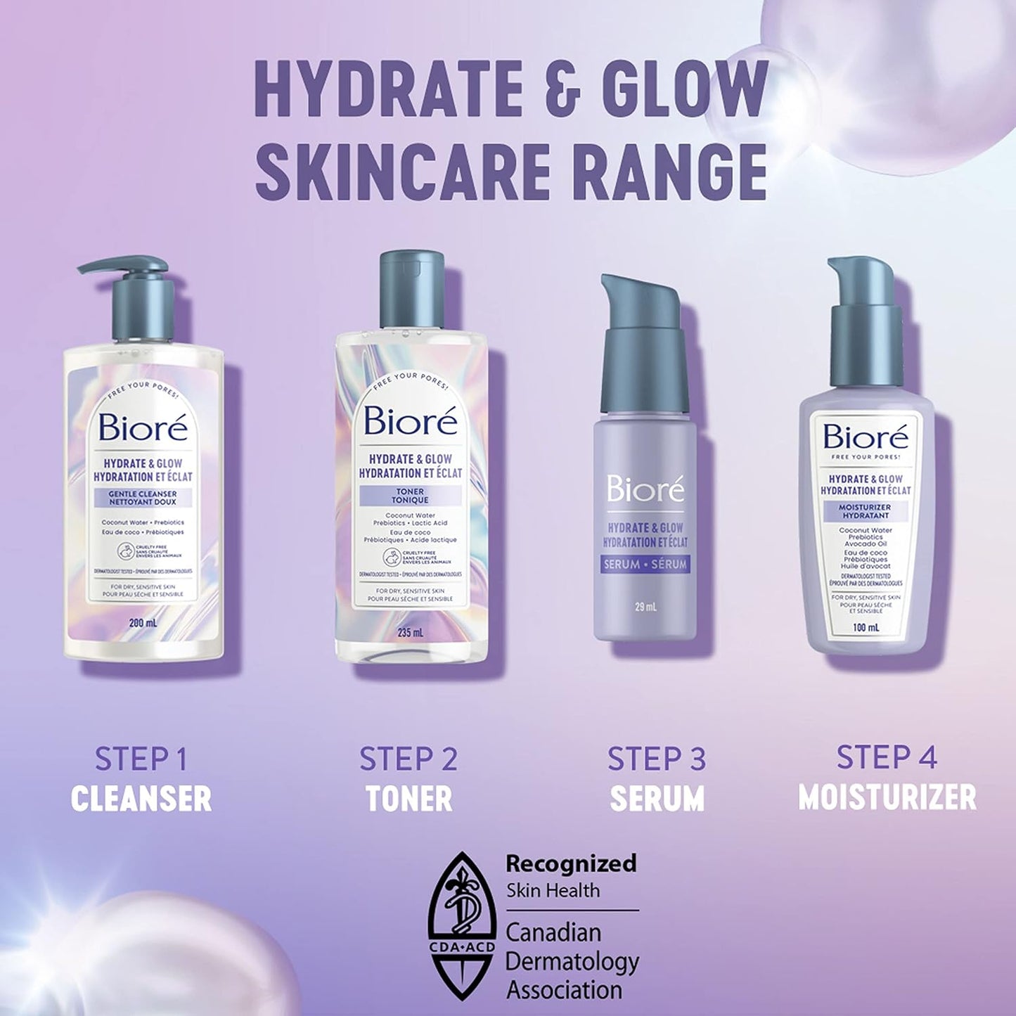 Bioré Hydrate & Glow 溫和潔面乳,適用於乾燥、敏感肌膚的保濕潔面乳,注入益生元和椰子水 | 經皮膚科醫生測試,無動物實驗,無香料,無 SLS/SLES 硫酸鹽(200 毫升)