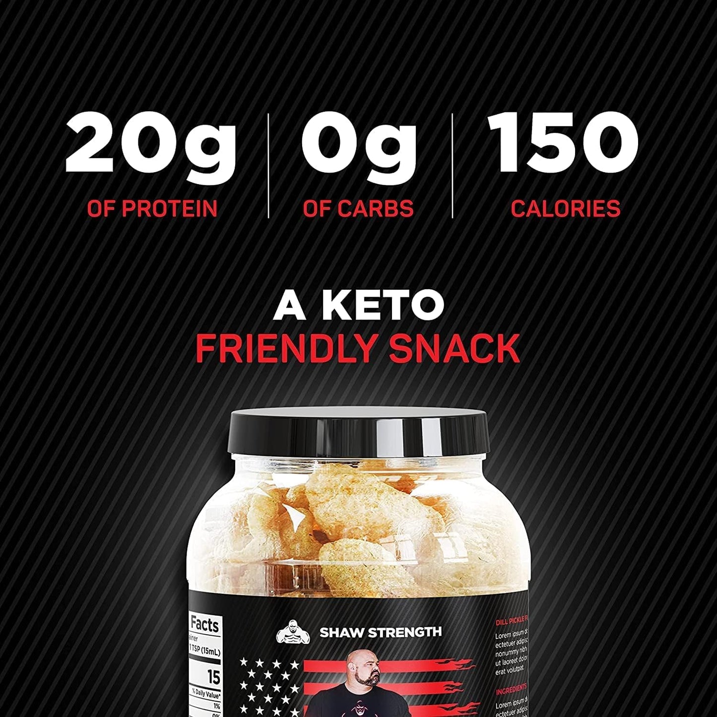 Shaw Strength Protein 猪皮(莳萝泡菜味,8盎司);专为世界最强壮男人 Brian Shaw 研发,生酮友好,高蛋白,无碳水化合物,全天然,椰子油炸