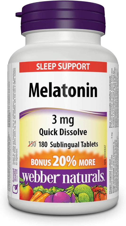 Webber Naturals 褪黑激素 3 毫克,180 片速溶片,用于睡眠支持,素食和维生素 D3 1000 IU,260 片,用于健康的骨骼、牙齿和维持身体健康