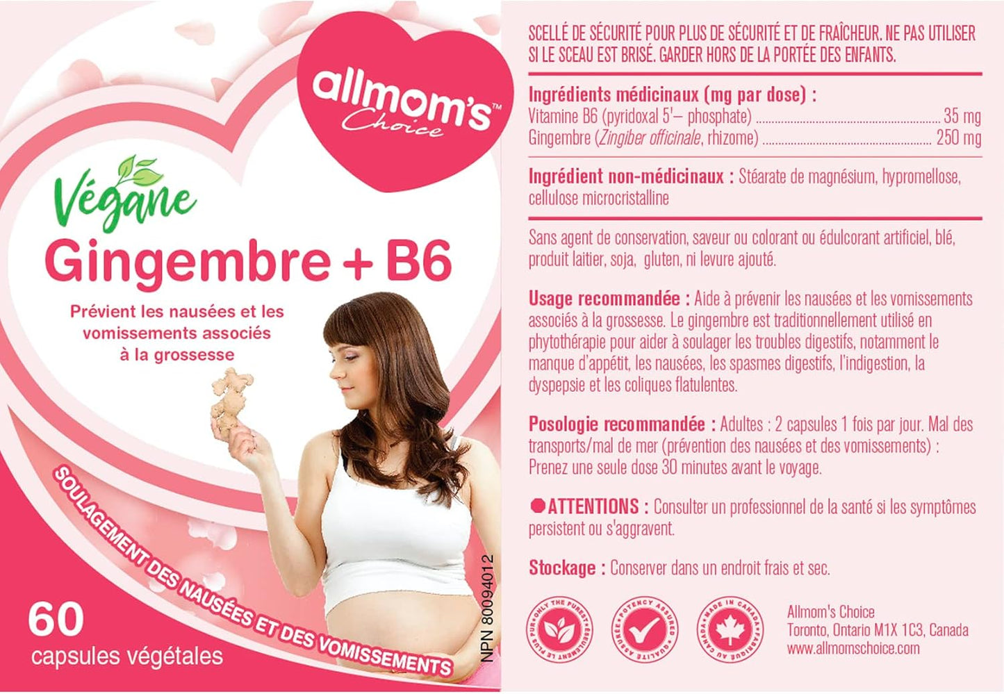 純素薑 + B6(60 粒膠囊),天然療法,可預防和緩解噁心和孕吐,減少胃灼熱,增進食慾,Allmom’s Choice 懷孕止吐產品