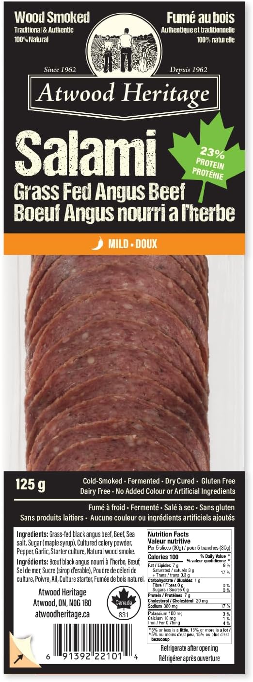 Atwood Heritage Grass-Fed Angus Beef Sliced Salami, 125g, High-Protein, Gluten-Free, Nitrate-Free, Made in Canada