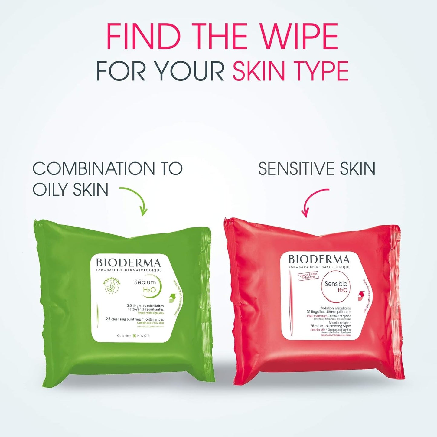 Bioderma Sensibio H2O Duo - Biodegradables Wipes - Cleansing and Make-Up Removing - Skin Soothing - for Sensitive Skin - 2x25 Wipes, 50 Count