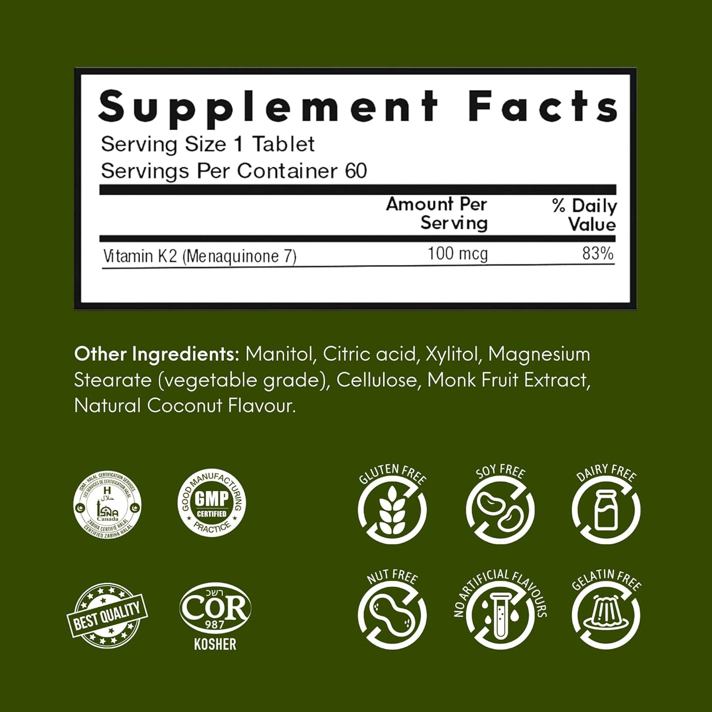 Nutrameltz 维生素 K2 100 微克 - 维生素 K2 作为 MK7 补充剂,用于强化牙齿、骨骼、促进心脏健康,速溶片,用于治疗维生素 K2 缺乏症 - 椰子味(60 片)