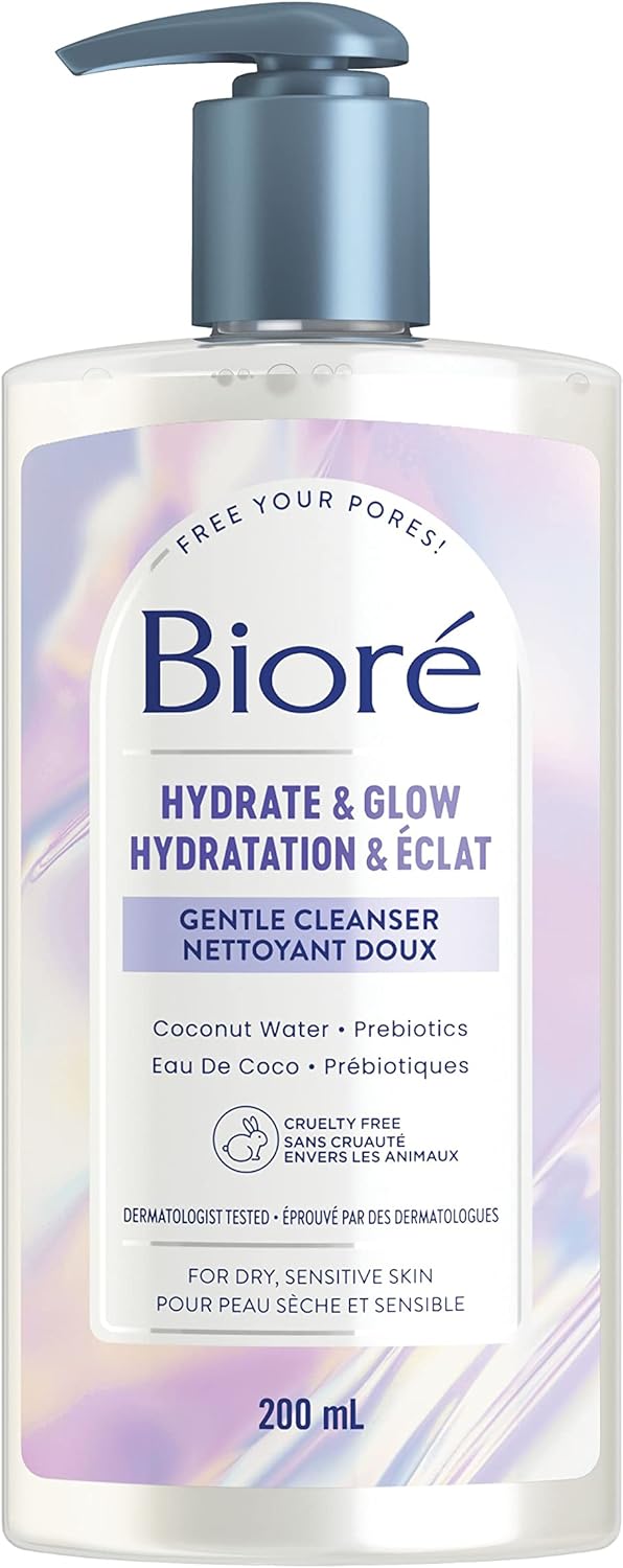 Bioré Hydrate & Glow 溫和潔面乳,適用於乾燥、敏感肌膚的保濕潔面乳,注入益生元和椰子水 | 經皮膚科醫生測試,無動物實驗,無香料,無 SLS/SLES 硫酸鹽(200 毫升)