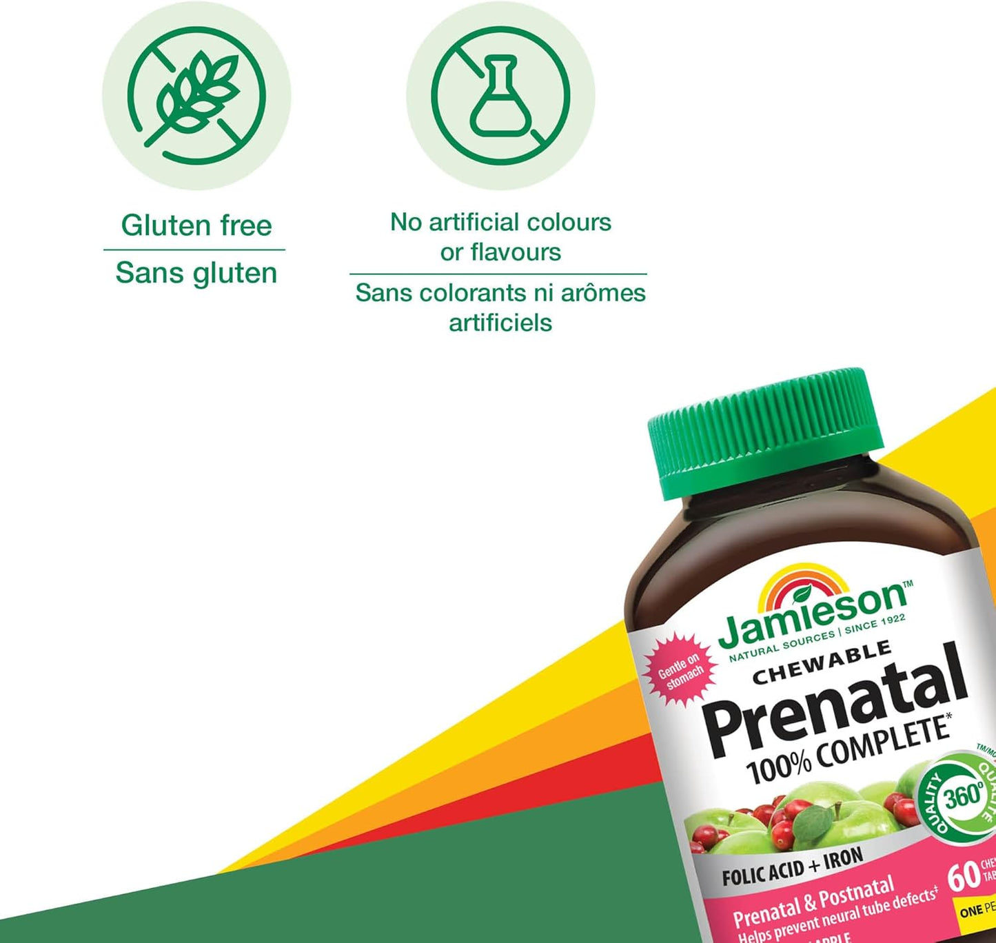 Jamieson 产前 100% 复合维生素咀嚼片,蔓越莓苹果味,添加叶酸和铁。适用于产前、产后和哺乳期,预防神经管缺陷,不含人工色素……