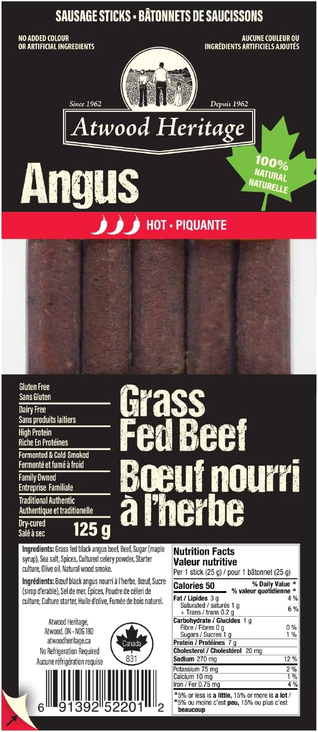 Atwood Heritage 草飼牛肉零食棒,辣味,5 根,125 克,高蛋白,無麩質,無硝酸鹽,加拿大製造