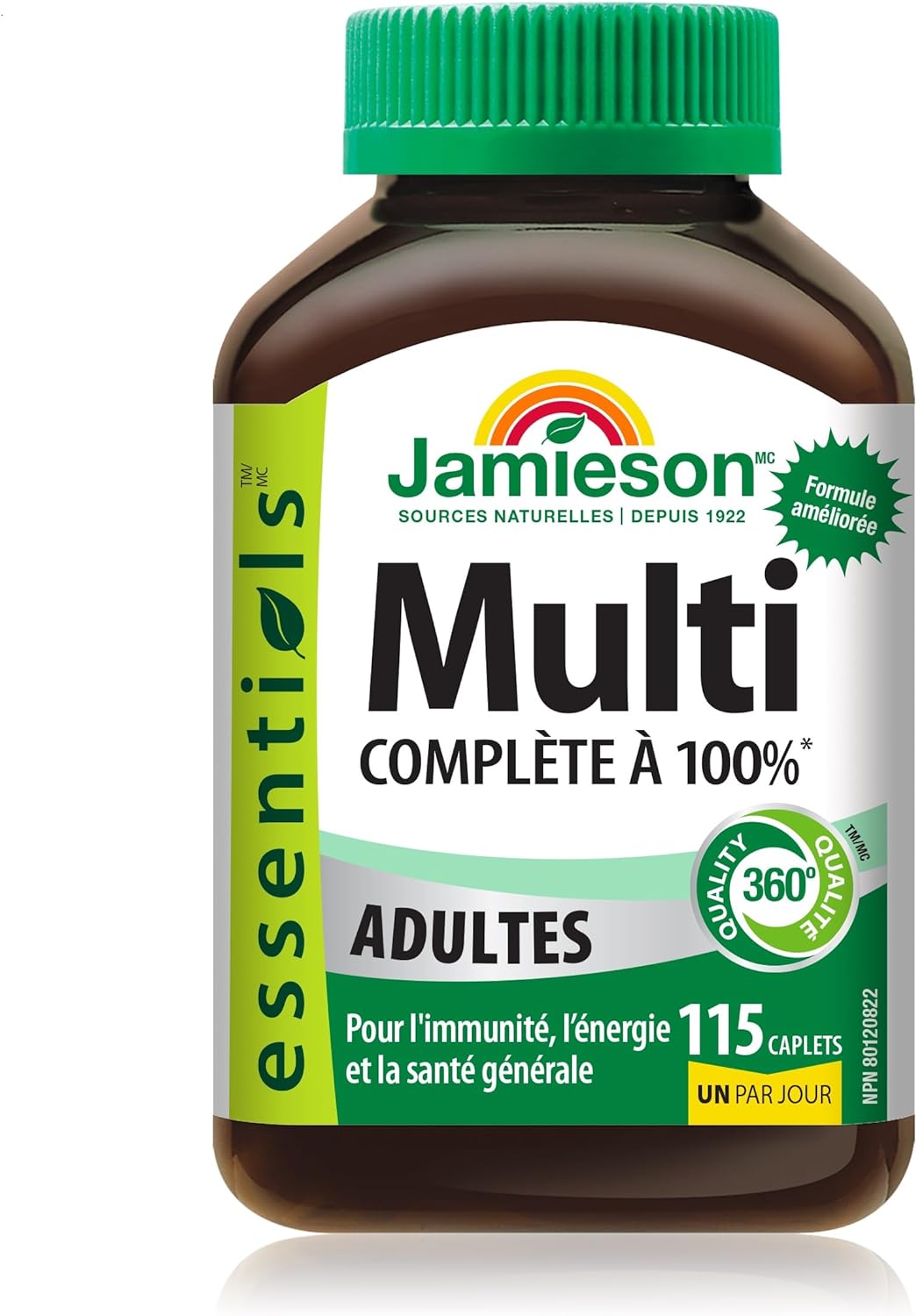 Jamieson 100% 成人複合維生素,含葉黃素、鈣和生物素。支持免疫力、能量和整體健康,富含抗氧化劑,無麩質,每日一片,115 粒膠囊