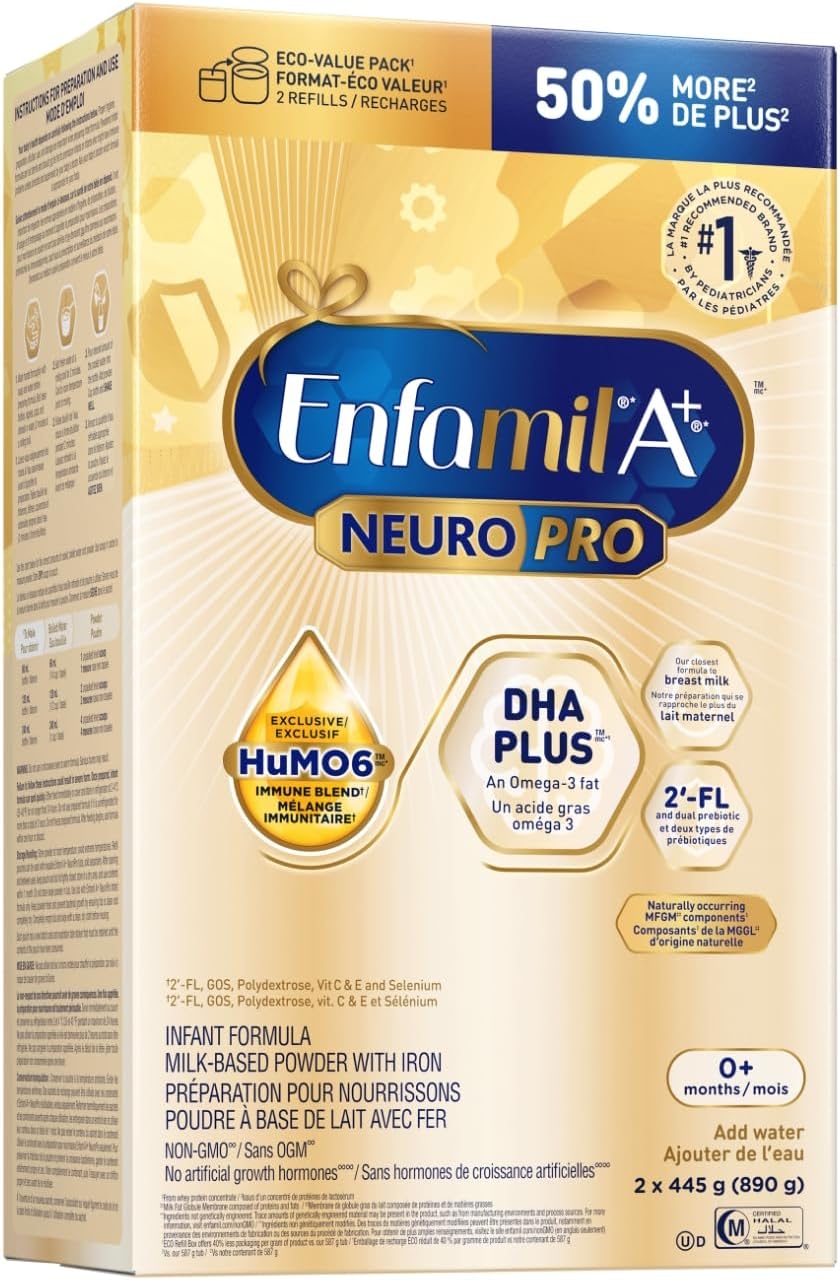 Enfamil A+ NeuroPro 嬰兒配方奶粉,補充裝紙盒,含促進大腦發育的 DHA 和 2'FL,用於免疫支持,0-12 個月,2 x 445 克(890 克)