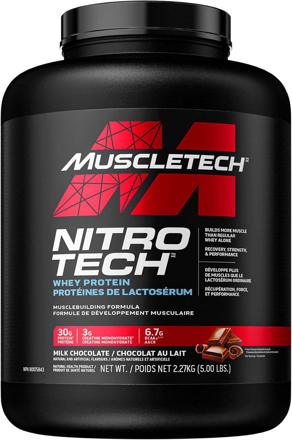 Muscletech Whey Protein Powder - Nitro-Tech Ultimate Muscle Building Formula with Whey Protein Isolate & Peptides - 30g of Protein, 3g of Creatine & 6.8g of BCAA - Milk Chocolate, 5 Pound (Pack of 1)