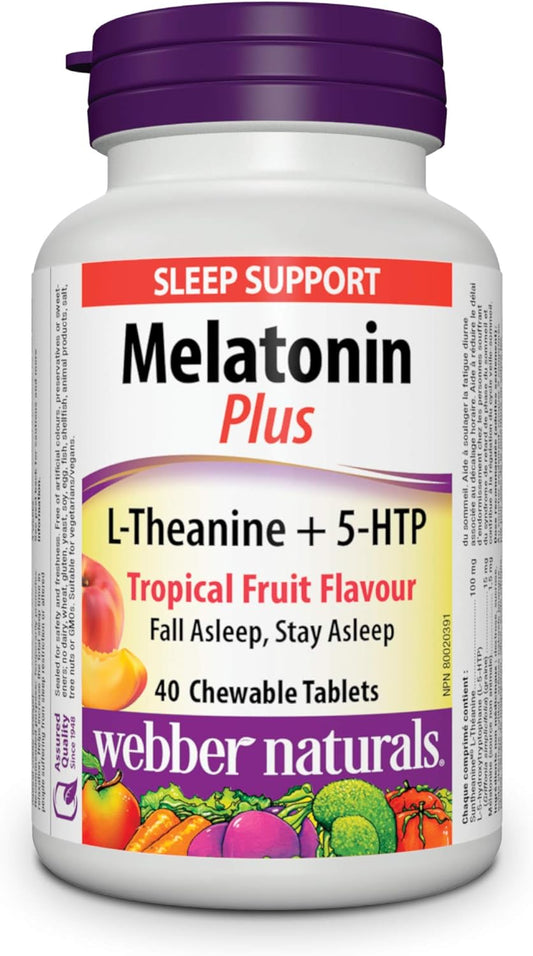 Webber Naturals Melatonin Plus,1.5 毫克褪黑激素,含 L-茶氨酸和 5-HTP,40 片咀嚼片,助眠,纯素