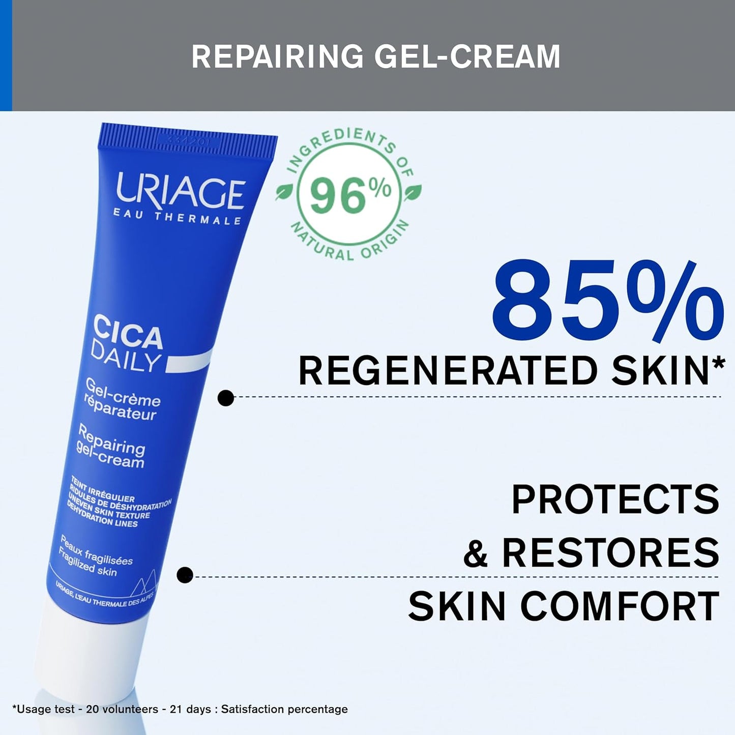 Uriage CICA Daily Gel-Cream - Lightweight Face Cream With Hyaluronic Acid, Vitamin B5 & Copper-Zinc - Fagrance-Free & Non-Sticky - 40ml