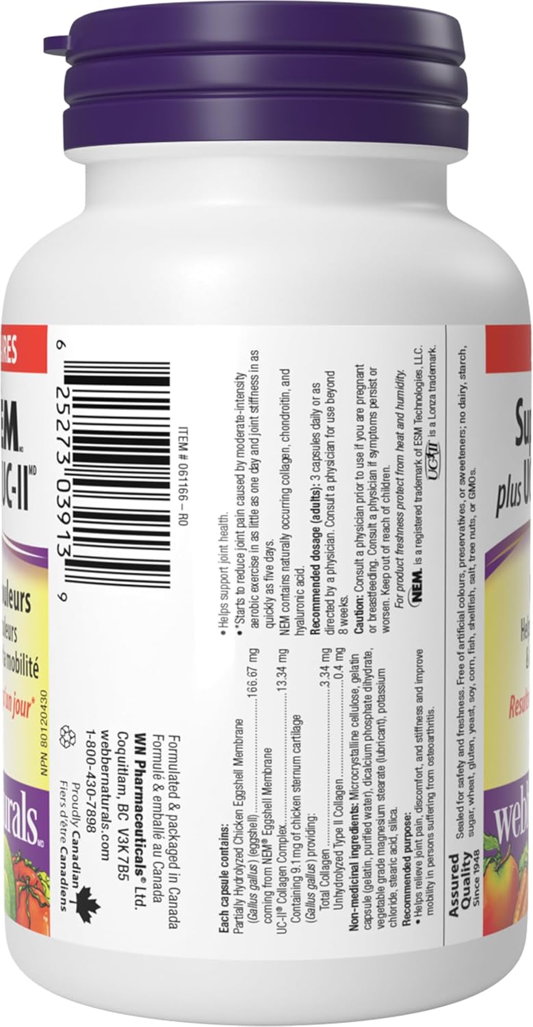 Webber Naturals Super NEM Plus UC-II 胶原蛋白,90 粒胶囊,蛋壳膜有助于缓解关节疼痛、僵硬和活动能力