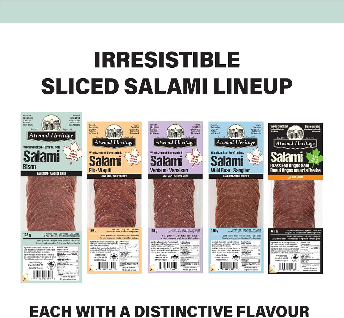 Atwood Heritage 野牛豬肉牛肉切片薩拉米香腸,125克,高蛋白,無麩質,無硝酸鹽,加拿大製造