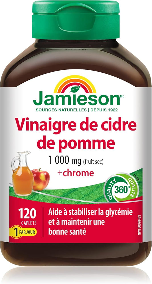 Jamieson Apple Cider Vinegar with Chromium Caplets, Helps Maintain Normal Blood Glucose Levels and Supports Metabolism. One Per Day, Vegetarian, Non-GMO, Gluten-Free, 120 Count