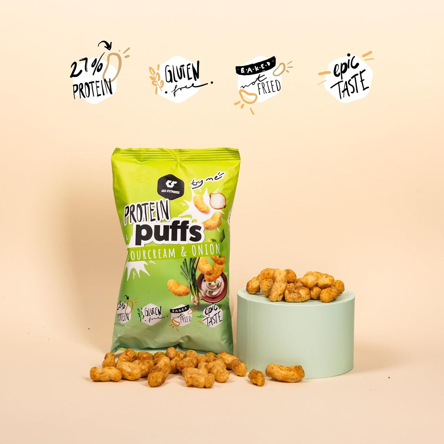 Go Fitness 高蛋白零食 - 泡芙,6 x 50 克,16 克蛋白质 - 扁豆片 - 蛋白质棒替代品和咸味零食(300 克(1 包),酸奶油和洋葱)