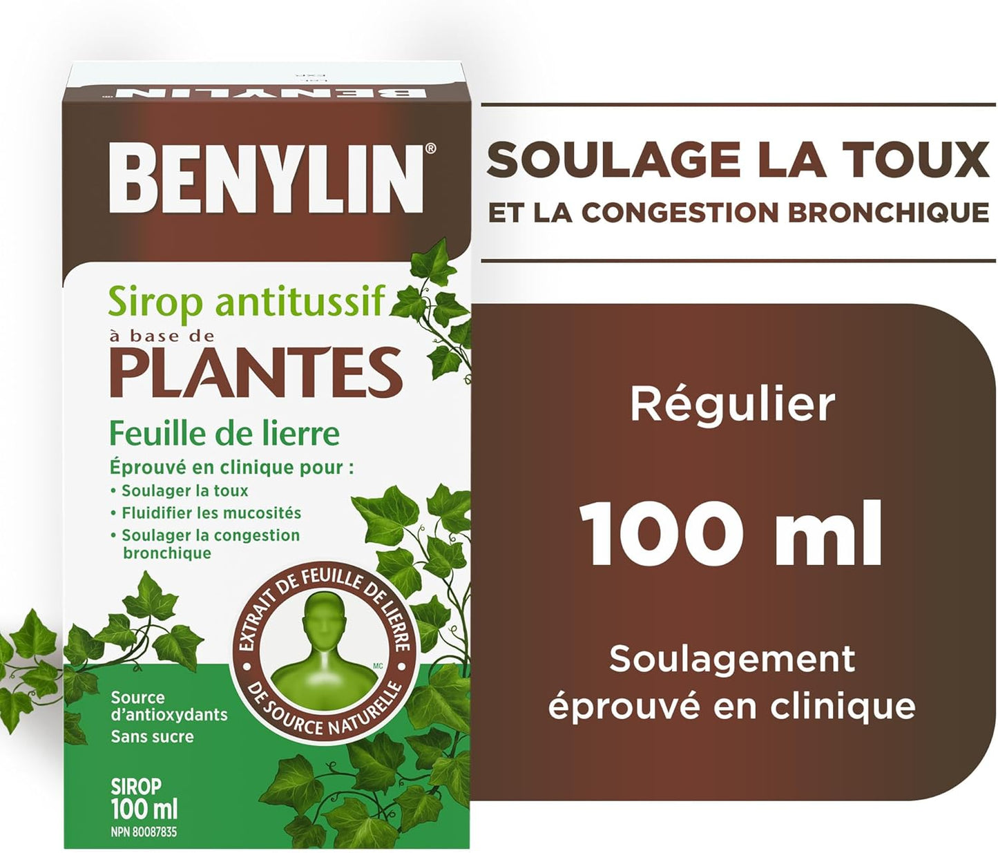 BENYLIN HERBAL Cough Syrup Ivy Leaf, Herbal Decongestant, Cold & Flu Relief, Cough Suppressant, Sugar Free, Antioxidants, 100-mL