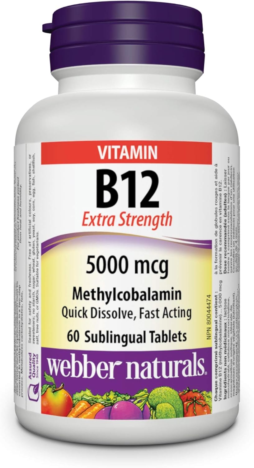 Webber Naturals 维生素 B12 5000 微克,超强速溶,60 片,支持能量生成和代谢