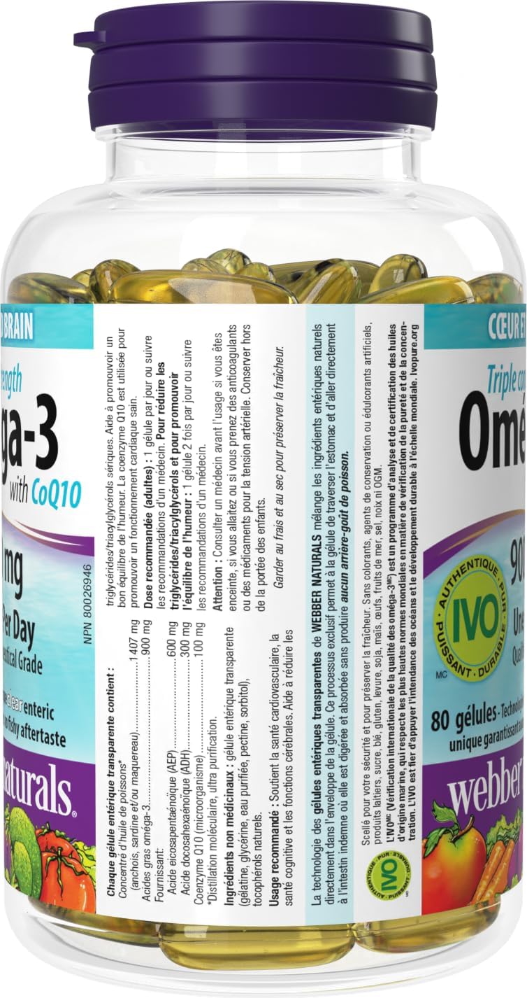 Webber Naturals Omega-3 輔酶 Q10,80 粒透明腸溶軟膠囊,無魚腥味,支持心血管健康和大腦功能