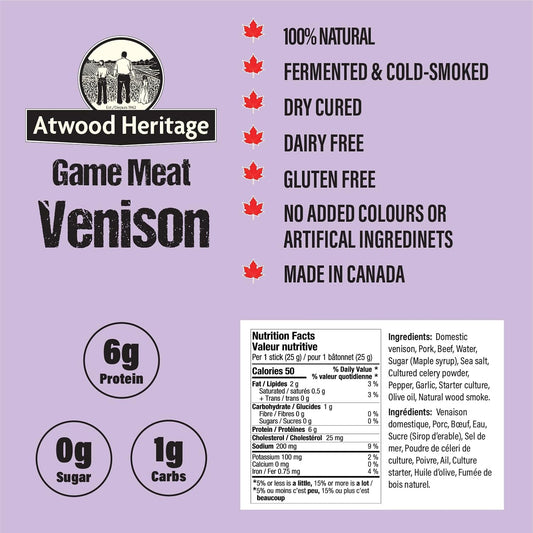 Atwood Heritage Venison, Pork & Beef Snack Stix, 5 Sticks, 125g, High-Protein, Gluten-Free, Nitrate-Free, Made in Canada