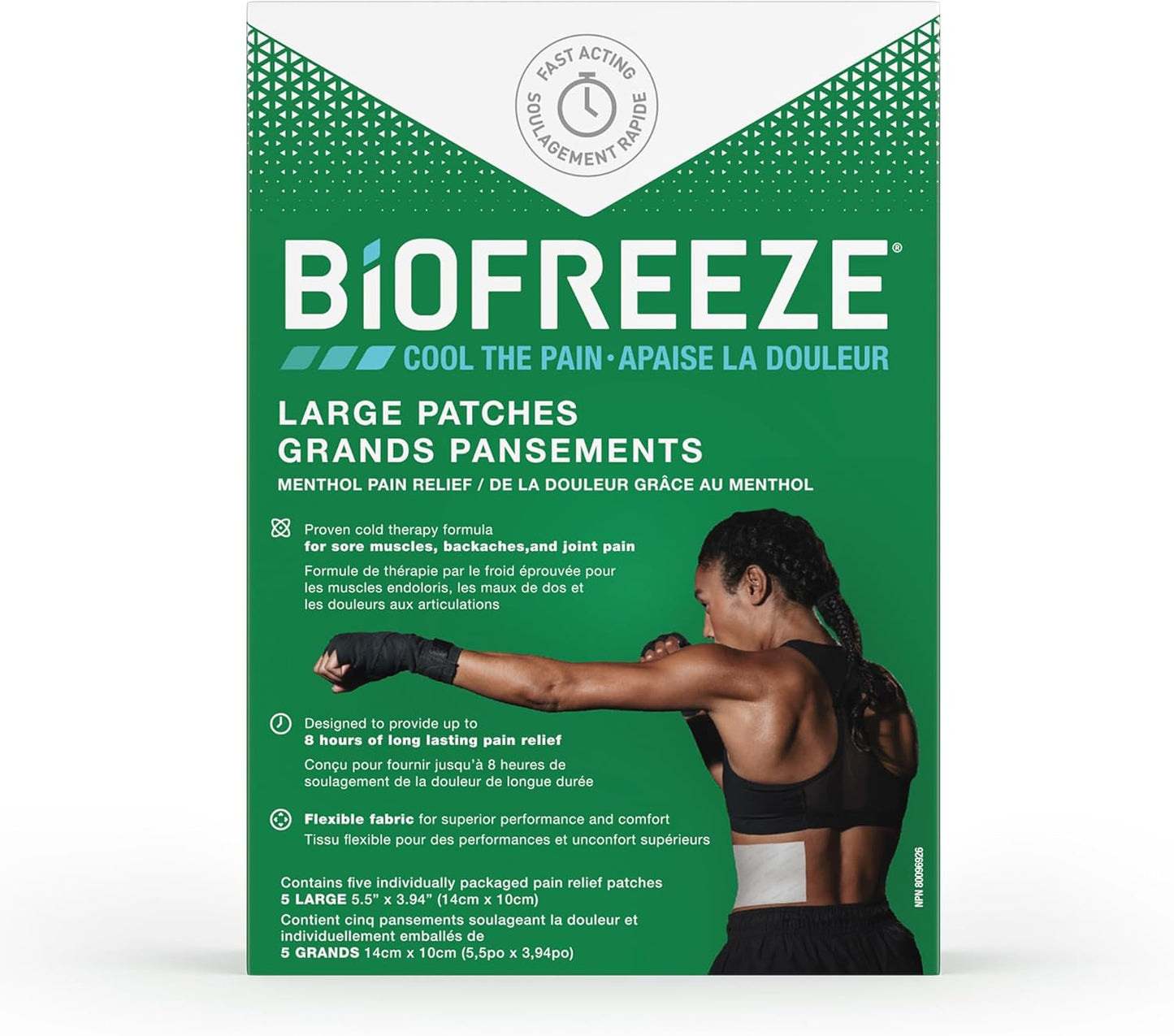Biofreeze Patches (5 Large Size), Penetrating Pain Relief for Sore Muscles, Arthritis, Backaches, and Sore Joints, Fast Acting, Long Lasting, Cooling Menthol Formula, Mess Free Application, Flexible Fabric for Comfort,