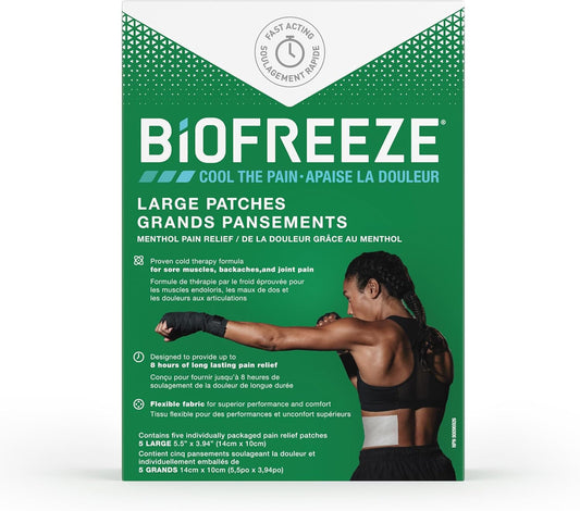 Biofreeze 贴片(5 片大号),可有效缓解肌肉酸痛、关节炎、背痛和关节疼痛,快速起效,持久有效,清凉薄荷醇配方,使用时不会弄脏,柔软面料带来舒适感,