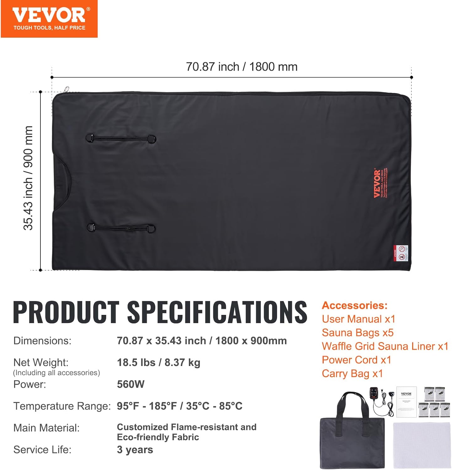 VEVOR 排毒桑拿毯,家用便攜式遠紅外線桑拿,帶臂孔,舒適度高,1-6 級可調溫度範圍 95-185℉,1-60 分鐘定時器,碳纖維加熱