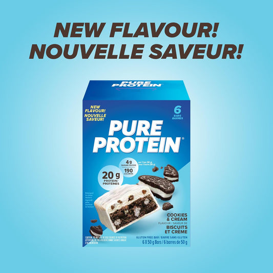 Pure Protein Bars - Nutritious, Gluten Free bar, made with Whey protein blend - low sugar, protein snack. Deliciously satisfying. Made in Canada, Cookies and Cream (Pack of 6)