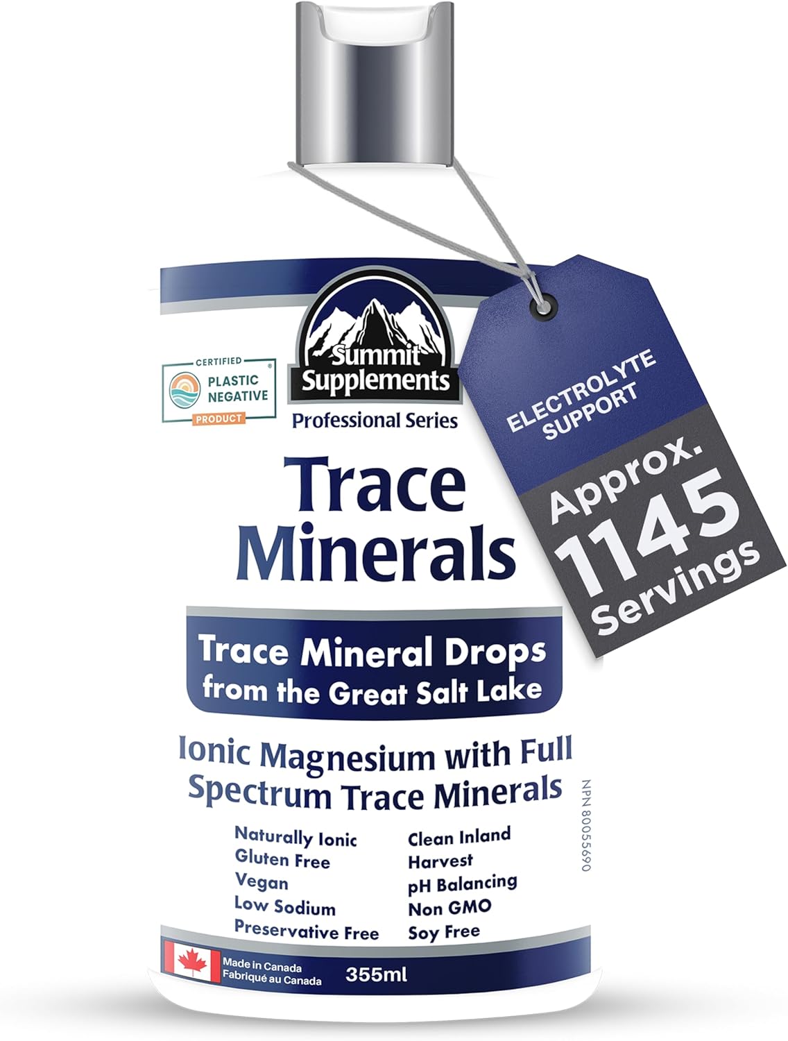 Trace Minerals Drops 355ml, 1145-Servings, Ionic Liquid Magnesium, Full Spectrum Trace Mineral, Vegan, Gluten, GMO-Free, Low Sodium, Hydration & Electrolyte Support, Proudly Canadian, Plastic Negative