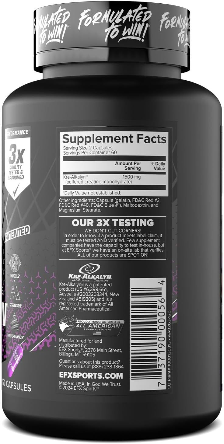 EFX Sports Kre-Alkalyn | PH 值校正肌酸一水合物 | 知情選擇,增強力量,鍛鍊肌肉,提升運動表現 I 不腹脹,不積水 - 120 粒膠囊/60 份