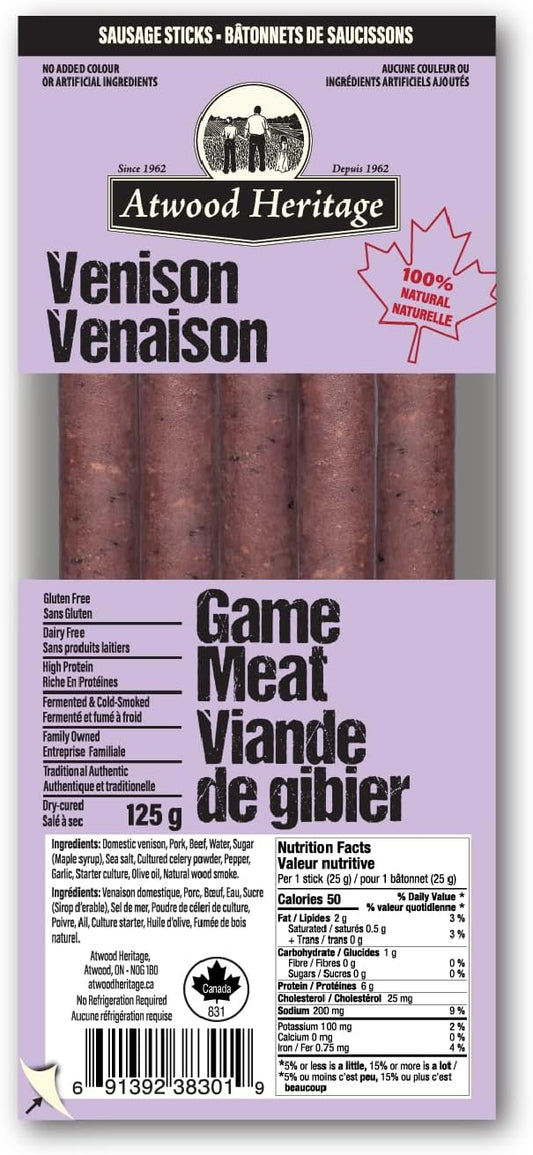 Atwood Heritage Venison, Pork & Beef Snack Stix, 5 Sticks, 125g, High-Protein, Gluten-Free, Nitrate-Free, Made in Canada