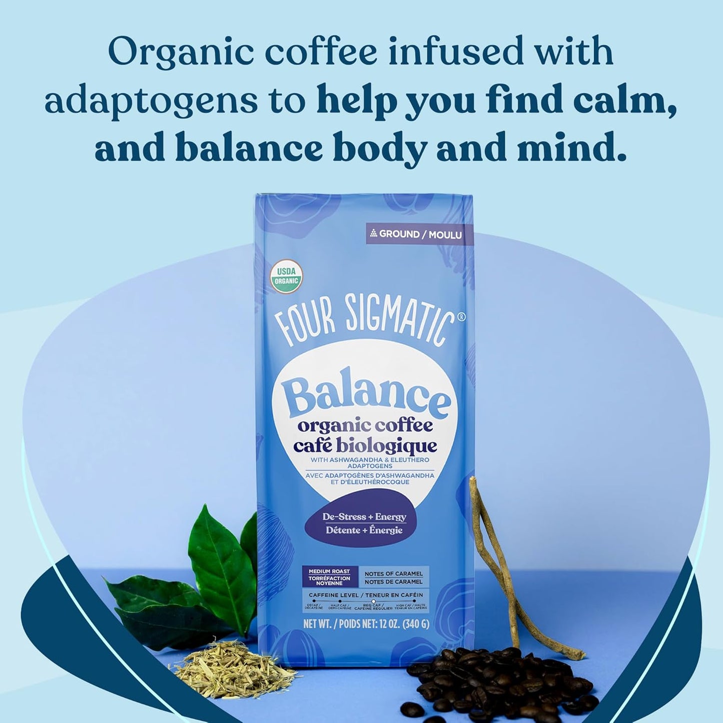 Four Sigmatic 有機平衡適應原研磨咖啡 | 中度烘焙 USDA 有機咖啡,含南非醉茄、白樺茸、刺五加和聖羅勒 | 提升專注力和能量的咖啡 | 12 盎司/袋