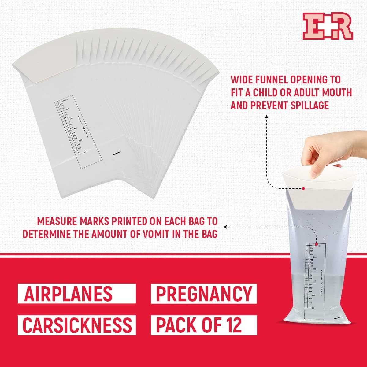 Ever Ready 急救嘔吐袋,附漏斗和防漏止回閥,適用於旅遊、計程車、暈車、孕婦、兒童等 - 12 個裝
