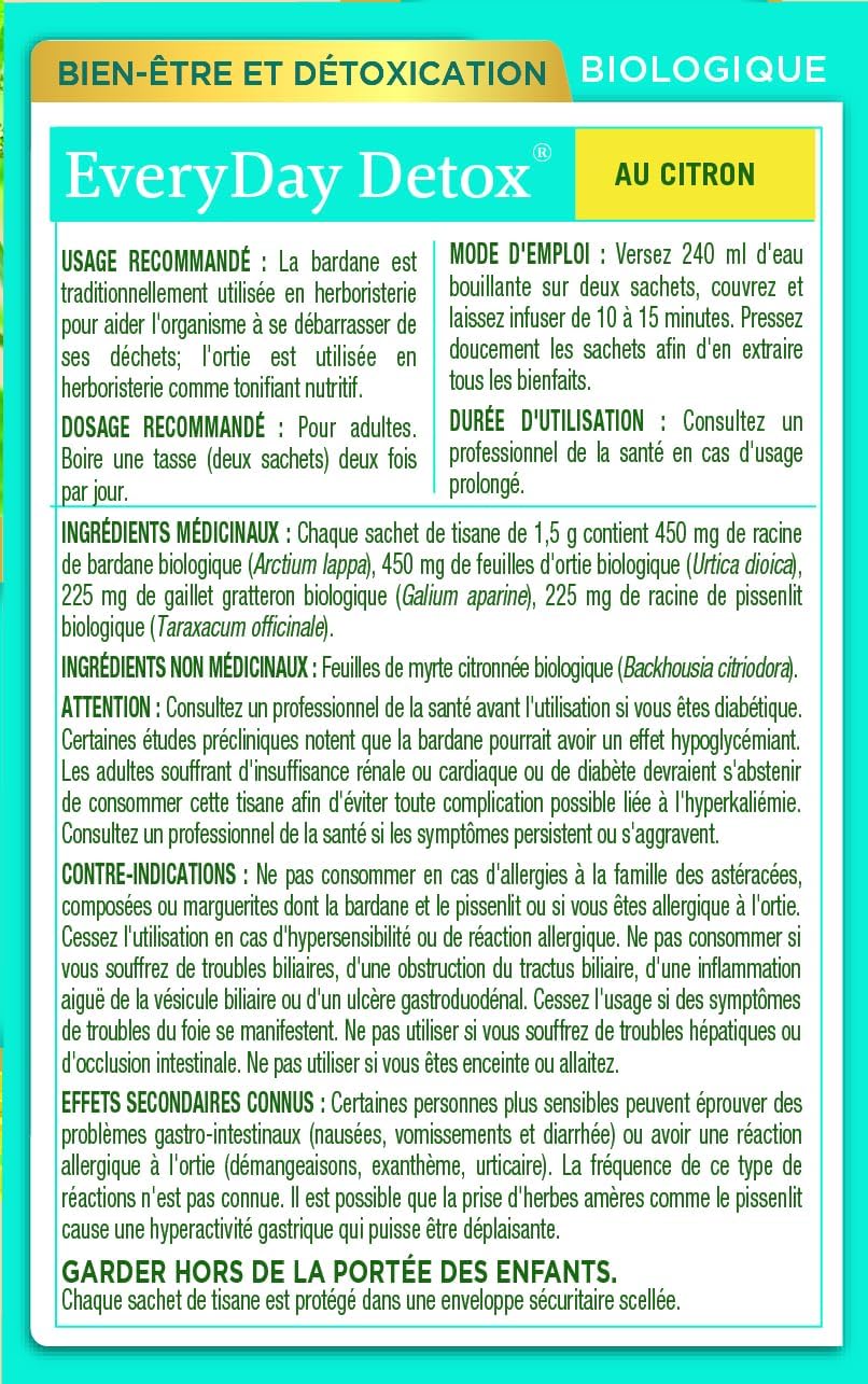 Traditional Medicinals - 有机日常排毒柠檬草本茶(6 包)- 含荨麻和牛蒡根,可清除体内积聚的废物 - 共 96 个茶包