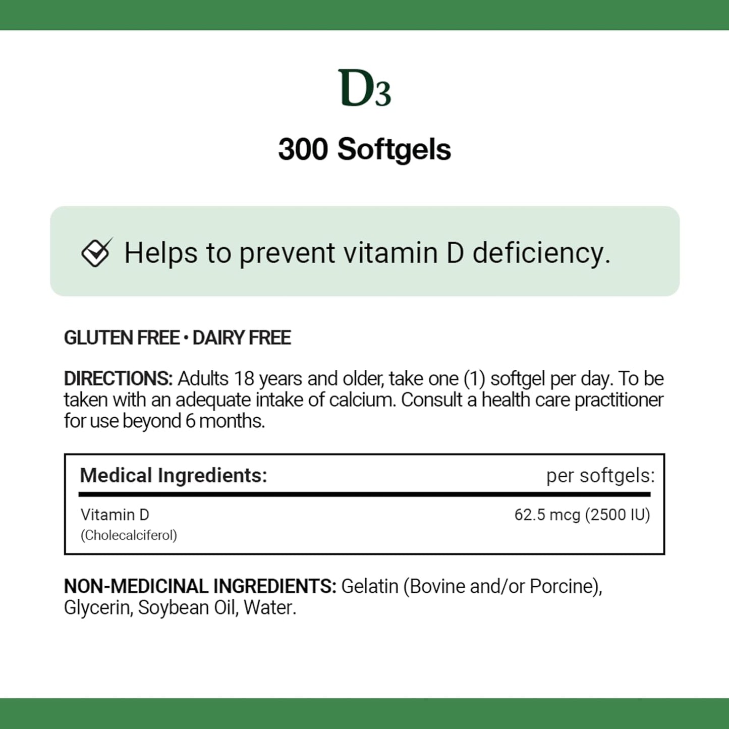 自然之宝维生素 D3,2500 IU,有助于预防维生素 D 缺乏症,无麸质,无乳制品,18 岁及以上成人适用,300 粒软胶囊,68.1 克