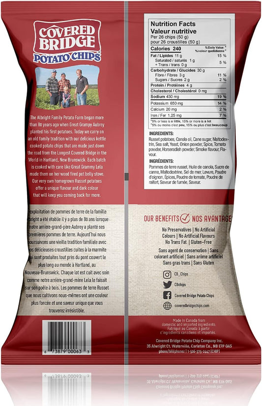 Covered Bridge Chips - 烟熏甜味烧烤薯片,170克装 - 无麸质,犹太洁食认证,采用深色赤褐色土豆烹制,加拿大制造,12片/170克装