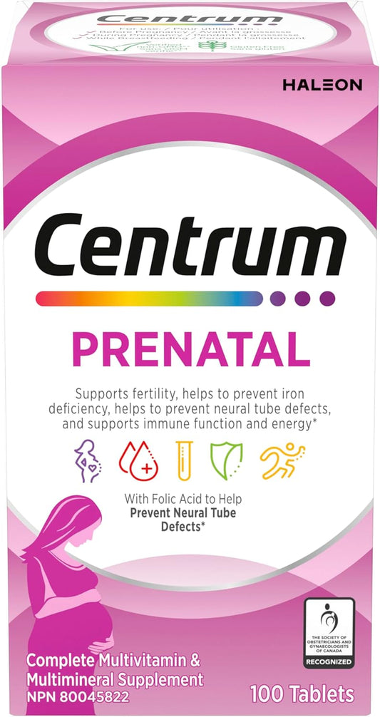 Centrum 产前维生素片,产后多种维生素和矿物质补充剂,必需的产前维生素,100 片(包装可能有所不同)