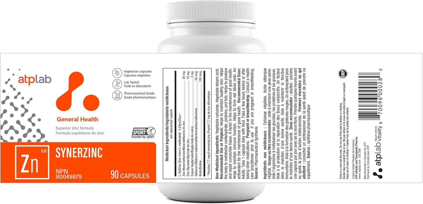 ATP LAB - Synerzinc,90 粒膠囊,90 天供應量 - 鋅補充劑,一種必需礦物質 - 有助於維持健康的皮膚和免疫功能 - 有助於產生和修復結締組織
