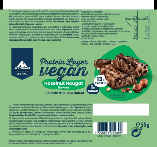 Multipower Vegan Protein Layer Hazelnut Bar Energy Bar with 24% Protein - Fitness Bar 15 x 55g - Vegan Protein Bar - Low Calorie Protein Bar with Hazelnut Flavour