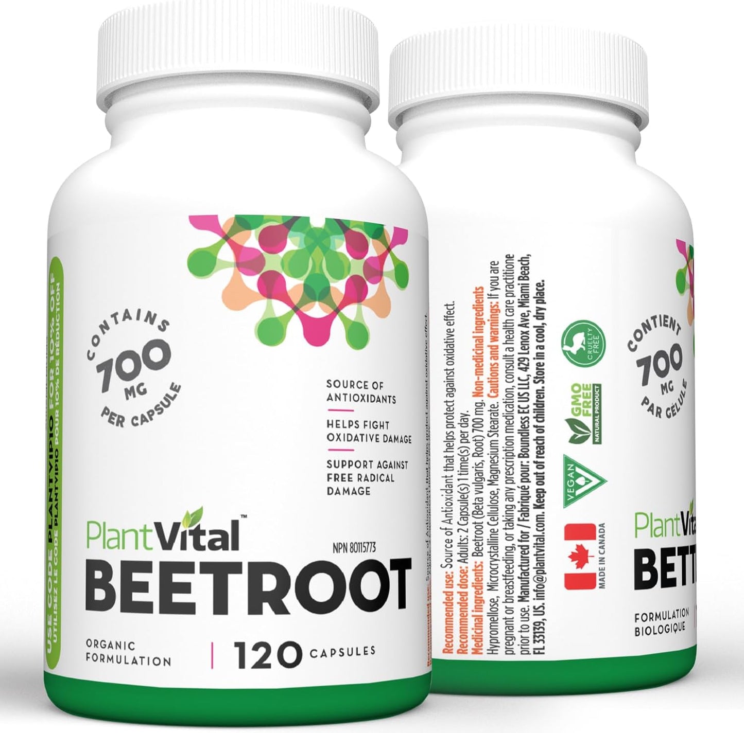 PlantVital Organic Beetroot 1400mg per day -Made in Canada, Health Canada Licensed- Antioxidant Beet Root Supplement - Protects Against Oxidative Damage and Free Radicals -120 Capsules, 2-Month Supply