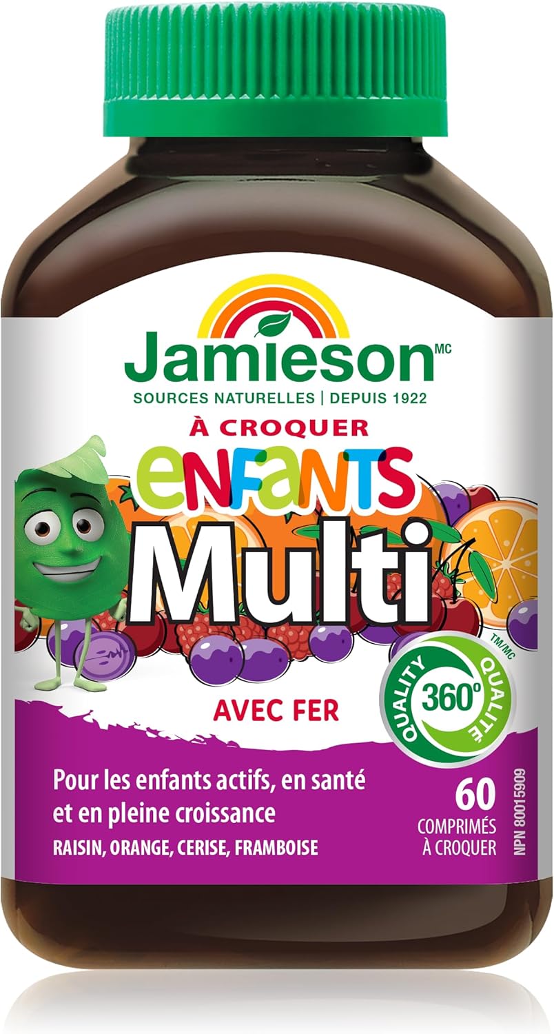 Jamieson 儿童复合维生素咀嚼片,橙子、葡萄、樱桃和覆盆子口味,促进生长发育,强健骨骼和牙齿。预防缺铁,易于消化,无麸质、无乳糖、无添加剂……