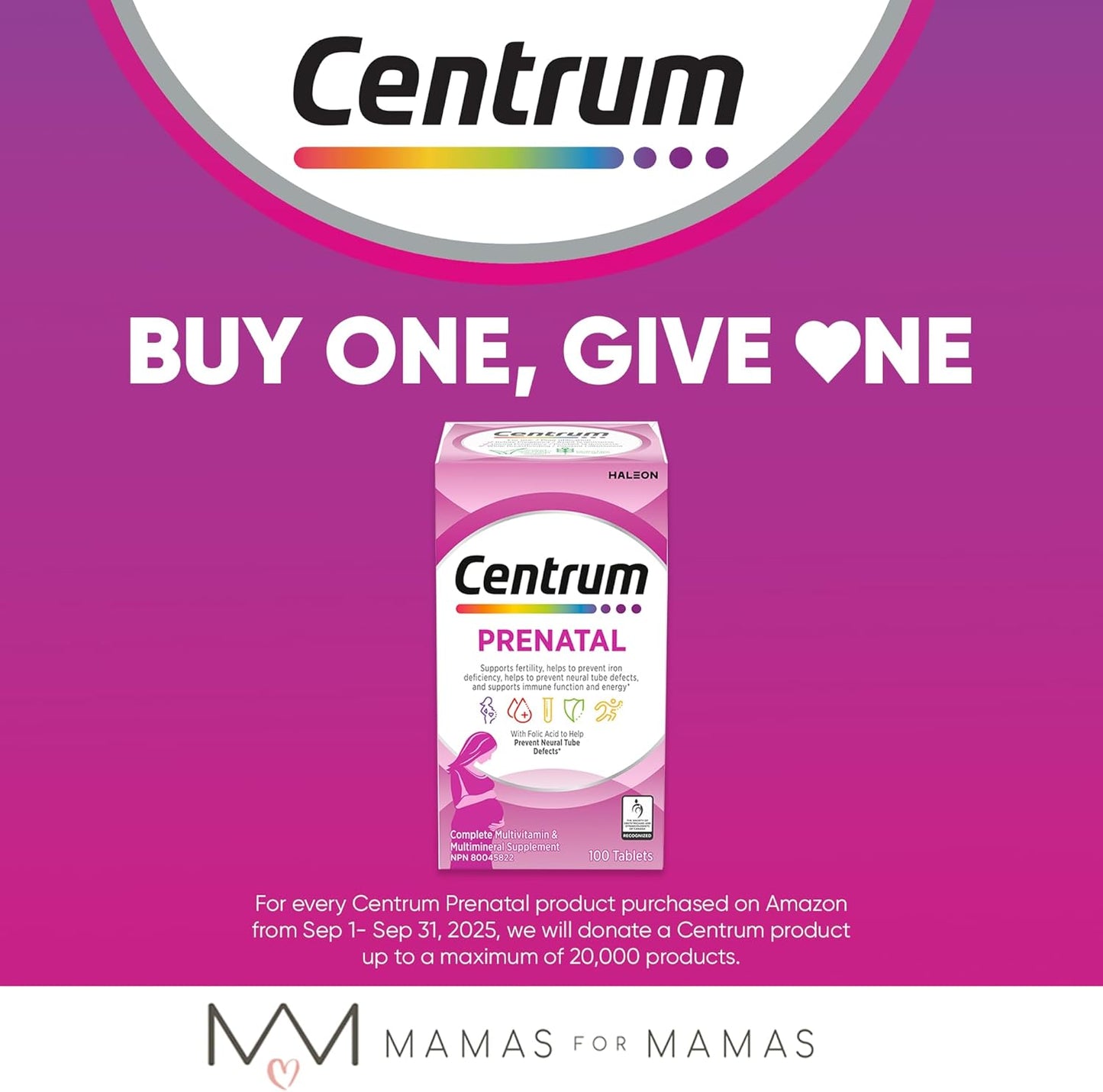 Centrum 产前维生素片,产后多种维生素和矿物质补充剂,必需的产前维生素,100 片(包装可能有所不同)