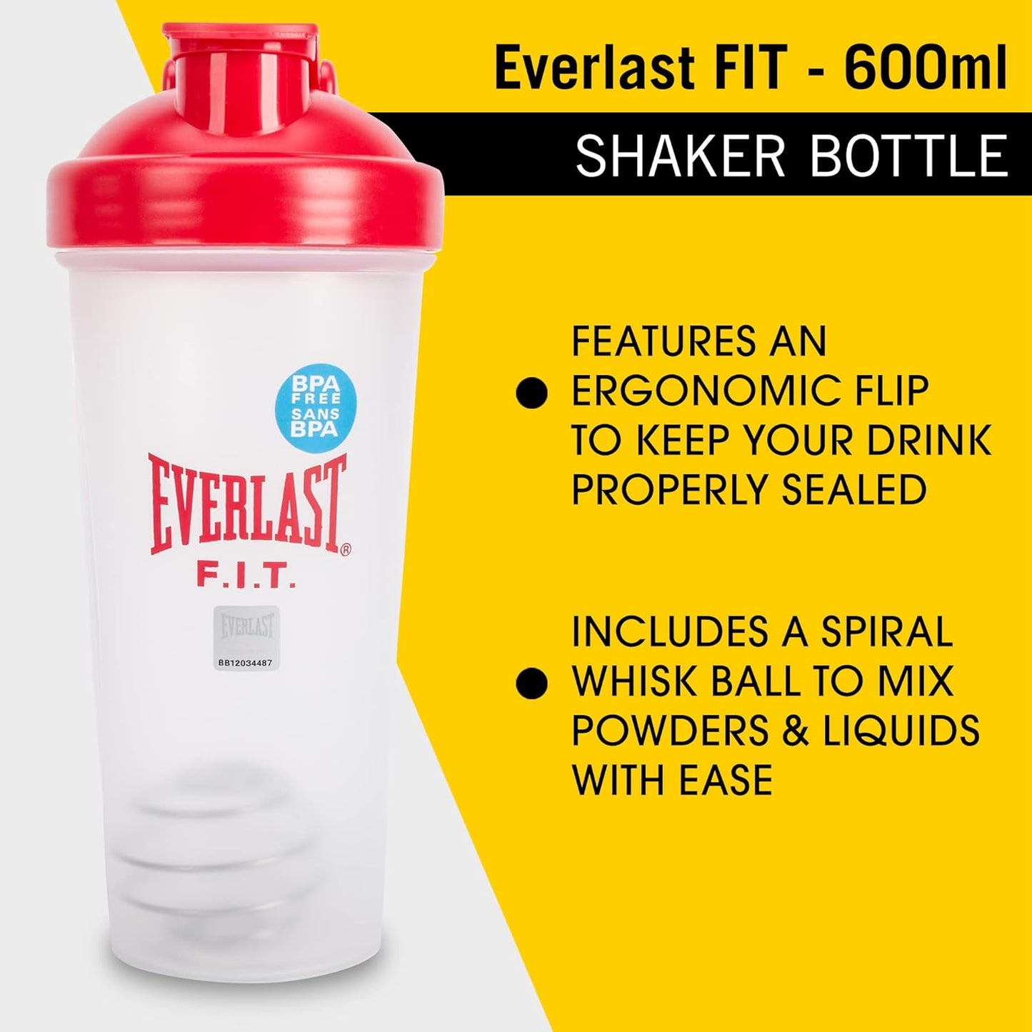Everlast FIT 600ML 摇摇杯 - 防漏 - 摇摇杯带螺旋搅拌球,不含 BPA/DEHP,易于清洁,非常适合混合蛋白质奶昔。(红色)