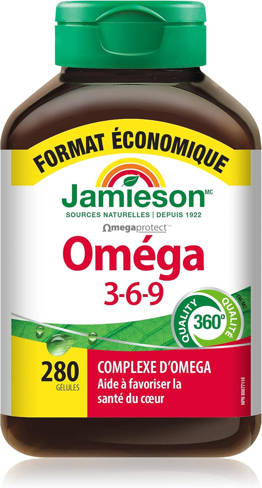 Jamieson Omega 3-6-9 Softgels, Value Size, with Fish Oil, Borage Oil, Flaxseed Oil, Providing EPA, DHA, and ALA. Supports Heart and Brain Health, 280 Count, Proudly Canadian