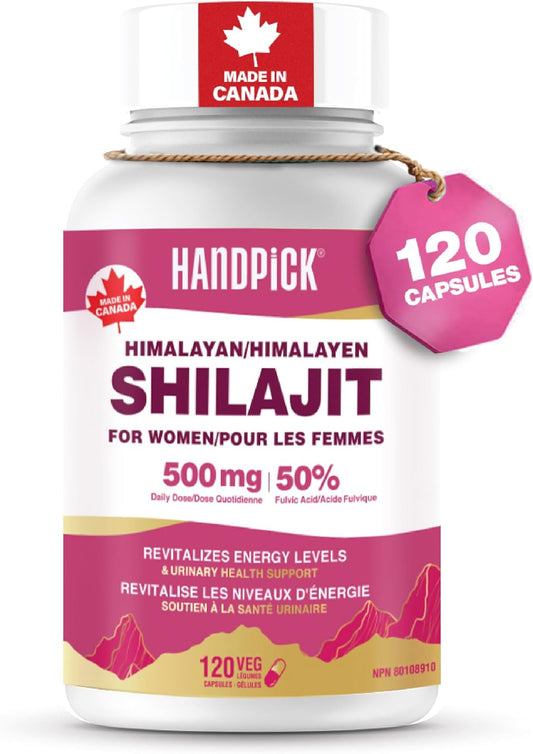 HANDPICK Shilajit Capsules for Women | 500mg per Serving with 50% Fulvic Acid, 120 Easy to Swallow Capsules | Pure Himalayan Shilajit for Women | Revitalize Energy Levels | Made in Canada