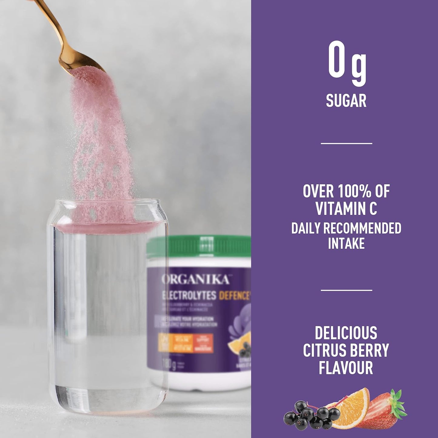 Organika 电解质超强粉 - 柠檬青柠味 - 高钠,用于运动恢复和电解质防御,含接骨木果和紫锥菊 - 柑橘浆果 - 免疫系统支持