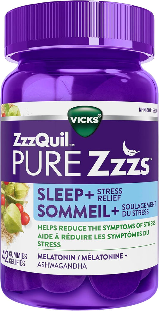 Vicks ZzzQuil PURE Zzzs 緩解壓力褪黑素助眠軟糖,成人適用,南非醉茄有助於減輕壓力症狀,每粒軟糖含 1 毫克,42 粒