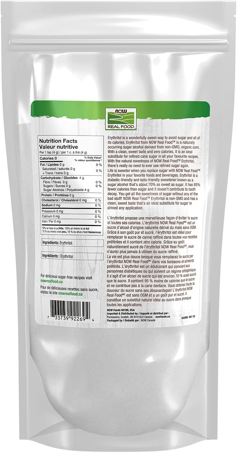 NOW Real Food, Erythritol, Pleasant Sweetner for Reduced-Calorie and Sugar-Free Recipes, Zero-Calorie, Low Glycemic Impact, 1kg